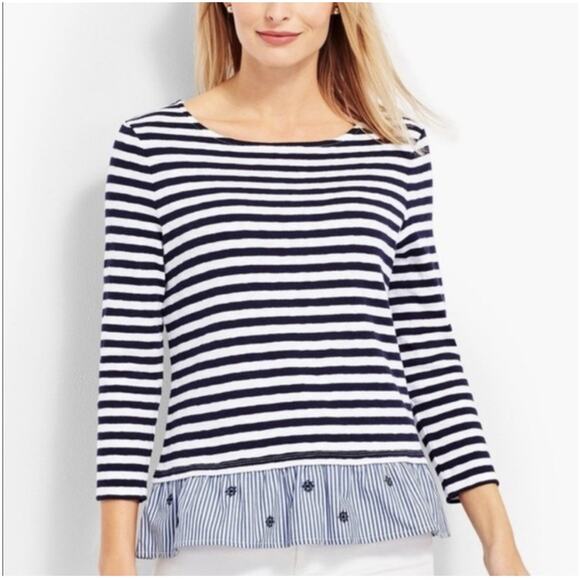 Talbots Nautical Striped Ruffle Hem Flounce T-shirt Size 2X Cotton 3/4 Sleeve - Picture 1 of 6